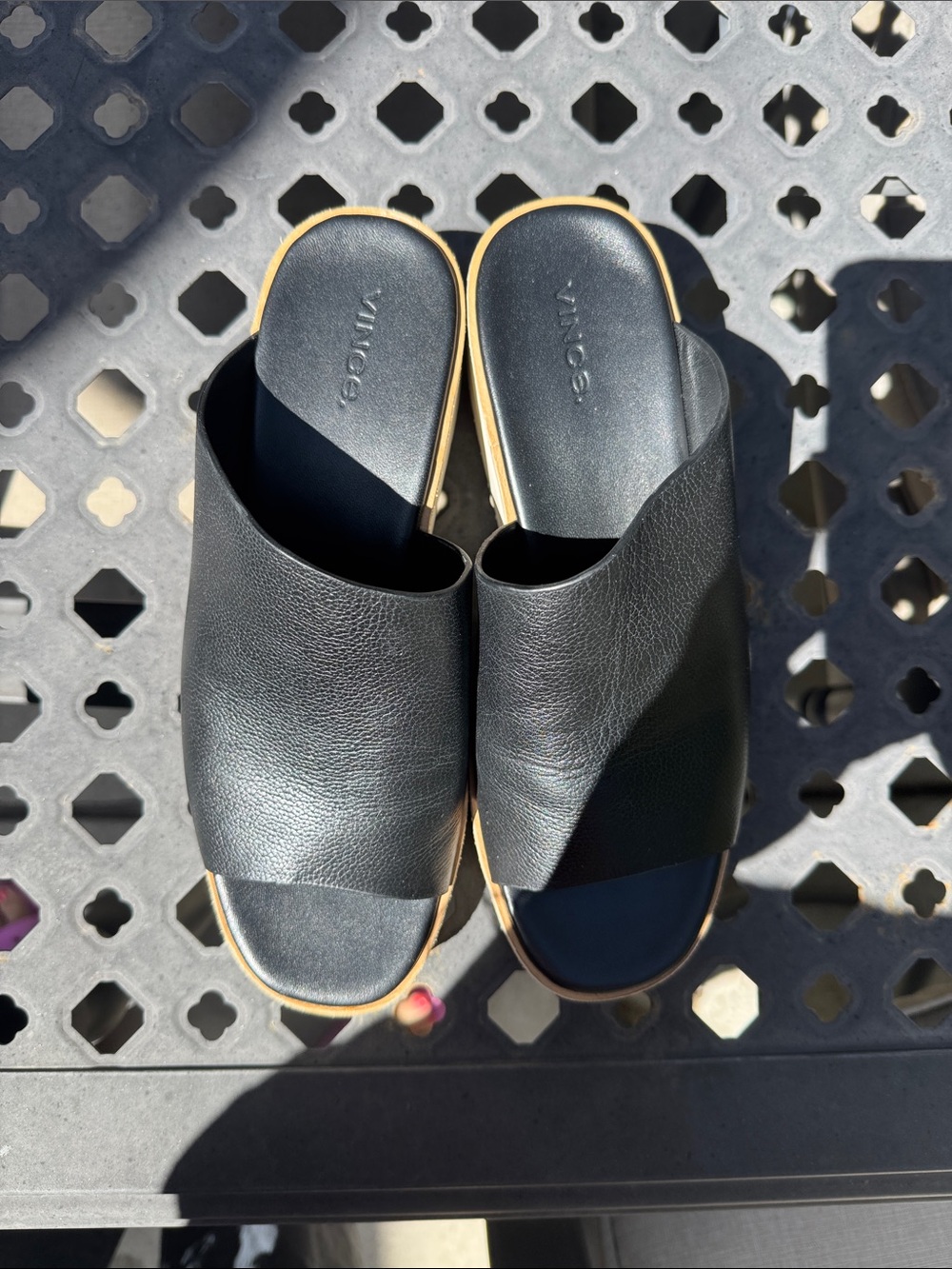 Vince Black Leather Crossover Slide Mules with Tan Trim